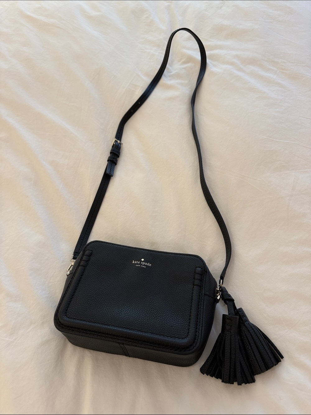 kate spade black pebbled leather crossbody with tassel